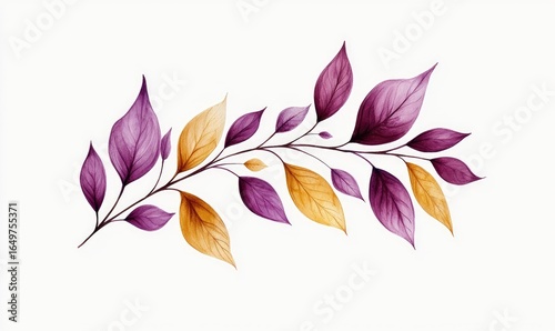 Delicate branch with vibrant purple and gold leaves, minimalist design