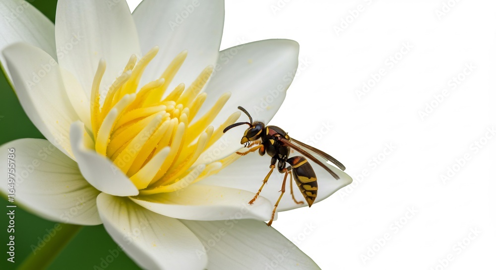Naklejka premium Striped wasp delicately perched on pristine white water lily Soft sunlight illuminates scene. AI Generated