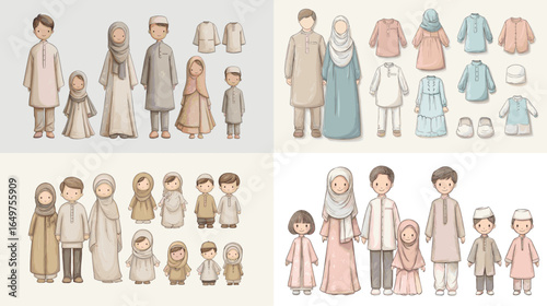 Illustration set of Muslim family outfits for men, women, and children in modest fashion. Traditional clothing sketches for Eid, Ramadan, and cultural celebrations.
