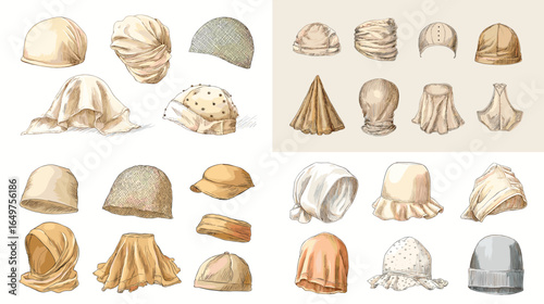 Illustration set of women’s headcovers, caps, and modest fashion accessories in soft tones. Hand-drawn sketches for hijab undercaps and headwear design elements.