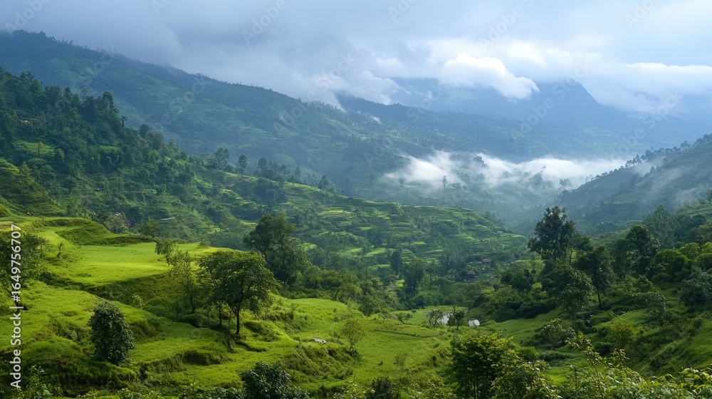 Fototapeta premium A serene landscape of rolling hills with misty valleys, peaceful and picturesque