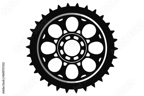 Black Sprocket with Pointed Teeth and Circular Cutouts Mechanical Component Illustration Graphic