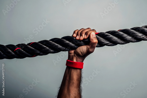 Hand Wearing Red Wristband Gripping Thick Black Rope Against Gray Background