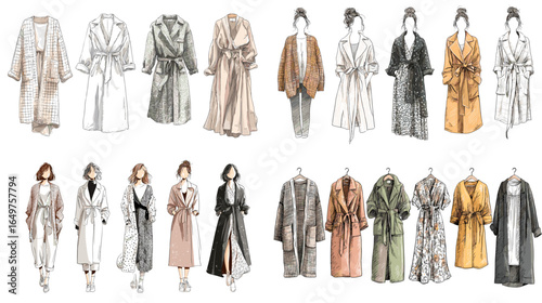 Illustration set of women’s long coats, robes, and layered outfits in modern styles. Elegant fashion sketches for apparel design and stylish outerwear concepts.