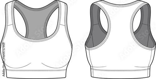 Sports Bra Flat Sketch with Racerback Design and Supportive Elastic Band, Technical Fashion Illustration for Activewear Apparel and Sewing Patterns