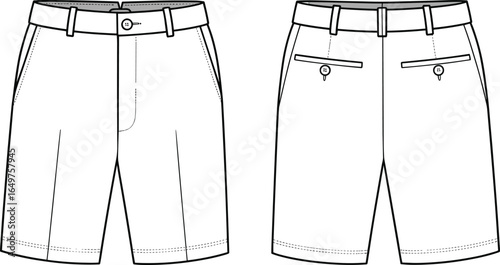 Men’s Tailored Shorts Flat Sketch – Front and Back View of Classic Formal Shorts Design for Apparel Templates, Technical Drawings, and Fashion Design