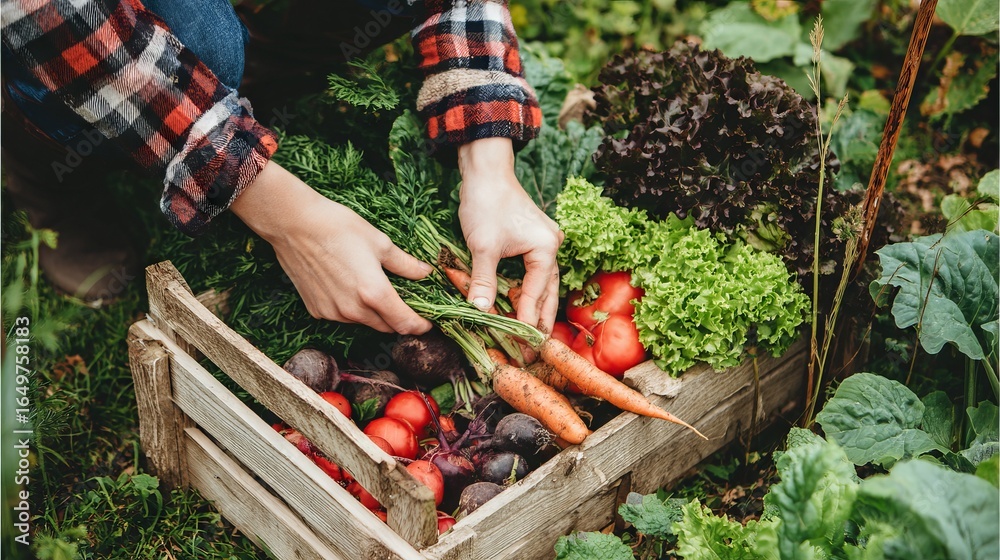 Fototapeta premium Hands of a gardener picking fresh vegetables from a wooden crate filled with colorful produce, showcasing the beauty of organic gardening and sustainable living