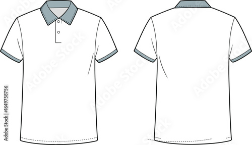 Vector illustration of a classic men's polo shirt with contrast collar and sleeve cuffs, front and back views, casual sporty apparel design.