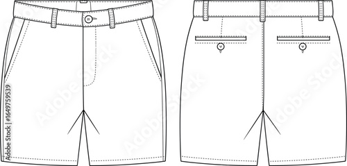 Vector technical drawing of men's tailored shorts with front and back pockets, belt loops, buttons, and detailed stitching lines for fashion design templates