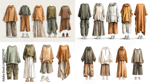 Fashion illustration set of women’s oversized tops and wide pants in earthy tones. Modern casual outfit sketches for streetwear and fashion design concepts.