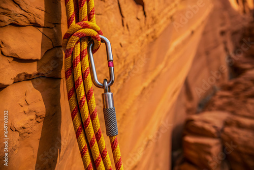  Climbing Rope with Metal Carabiner Hanging on Rocky Cliff