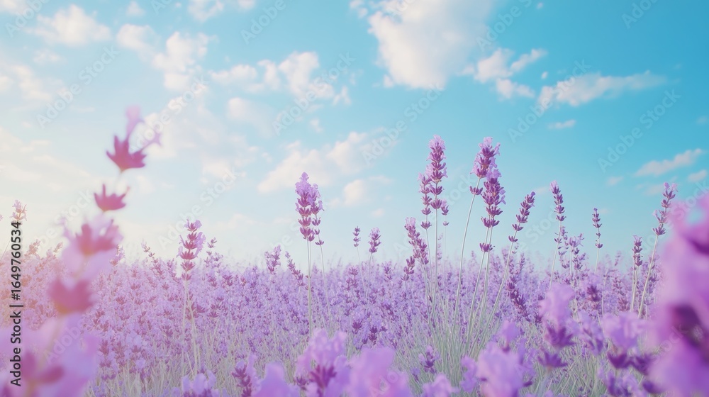Naklejka premium A tranquil lavender field under a soft blue sky, calm and aromatic