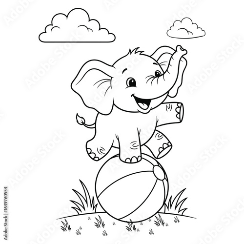 Adorable elephant line art playing on ball perfect for children activity books and educational art projects