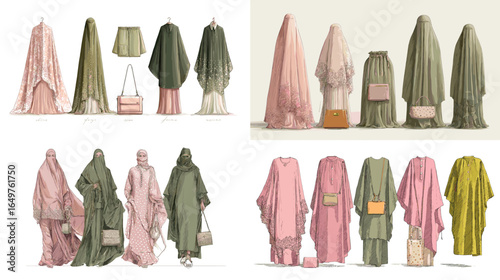 Illustration set of abaya and jilbab outfits with matching handbags in elegant colors. Modern Islamic fashion sketches for modest clothing design concepts.