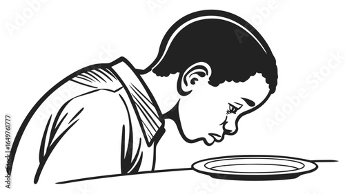 A young boy with dark hair looking down at an empty plate with a sad expression in a black and white drawing