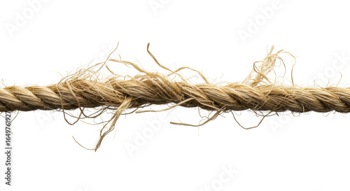 Thick, light brown natural fiber rope under extreme tension, frayed strands, one taut thread maintaining connection in a pristine studio with white background, concept of resilience under pressure