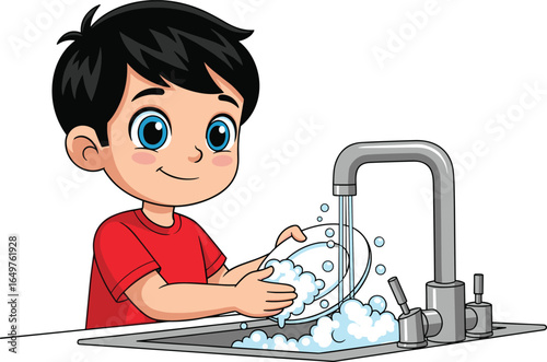 Cartoon Person Washing Dishes at Sink—Household Chore Scene with Soap Bubbles, Faucet, and Plate for Domestic Life Illustrations