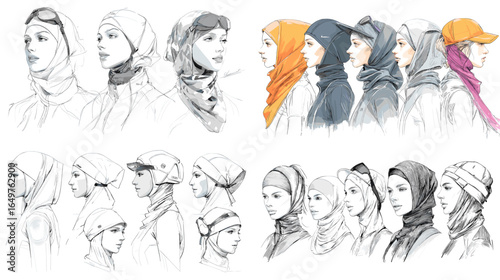 Fashion sketch set of women in hijab styles with different headscarf variations. Watercolor and pencil drawings for modern modest fashion design concepts.