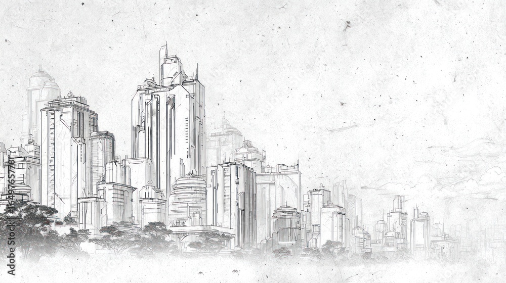 Fototapeta premium Dreamy city sketch featuring tall buildings fading into mist, with rough line work