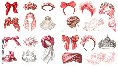 Elegant fashion set of bows, tiaras, lace veils, and headpieces in red and white, perfect for wedding design, feminine fashion, and beauty illustration projects.
