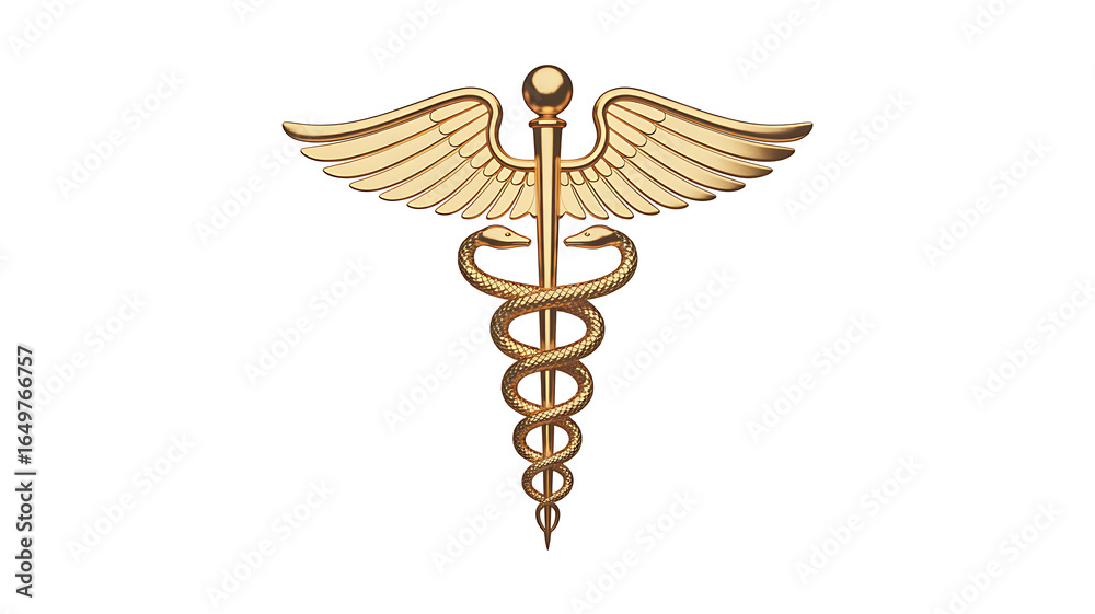 Golden Caduceus medical symbol with wings and snakes on white background health healthcare Golden Caduceus medical symbol with wings and snakes on white background health healthcare