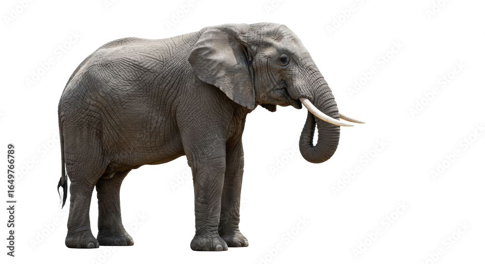 Obraz premium An adult male african elephant with prominent white tusks and textured grey skin, its trunk curled up, isolated on a transparent background, embodying wisdom and strength. Concept of wildlife