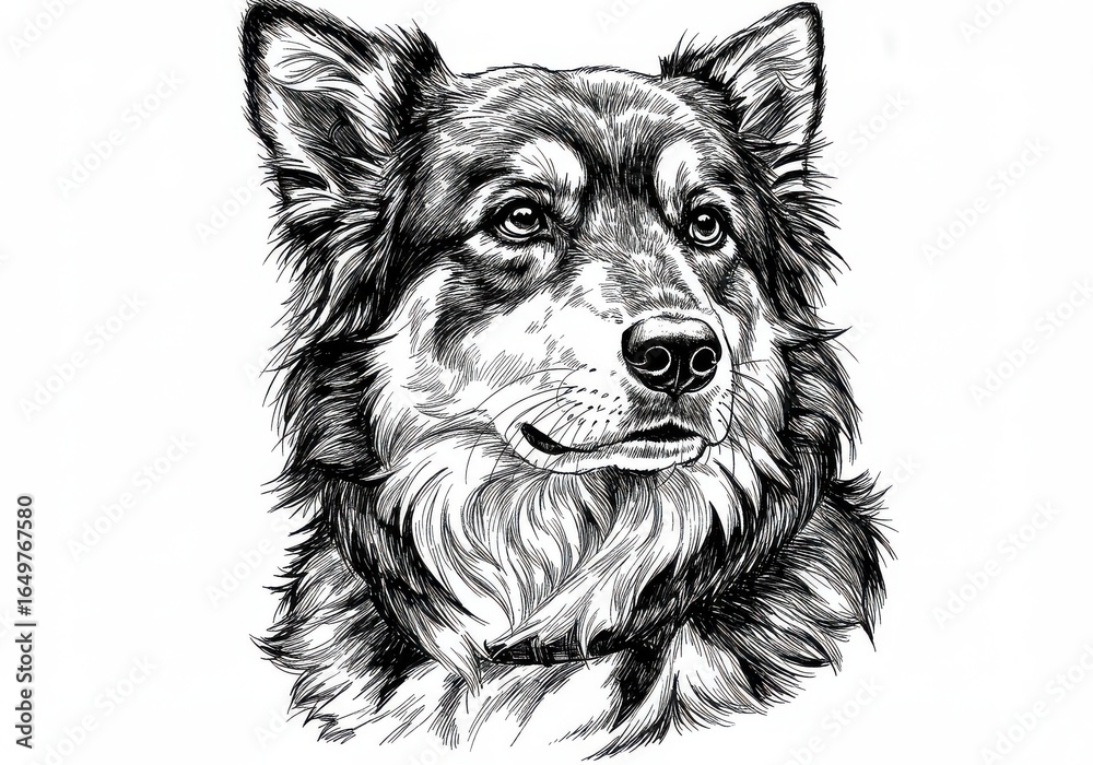 Fototapeta premium Detailed ink drawing of a dog with fluffy fur and expressive eyes on a plain light surface art