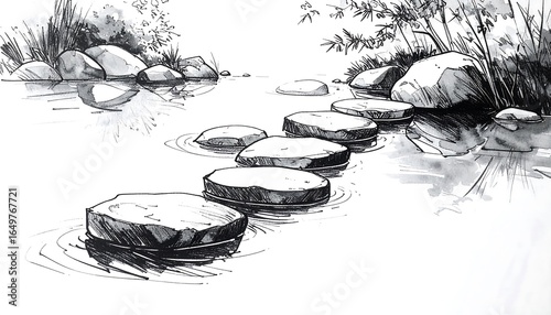 Peaceful stones path across a calm river