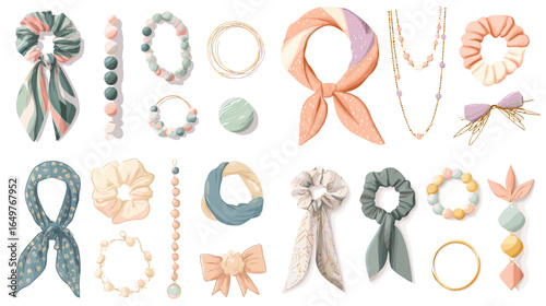 Stylish collection of hair accessories, scrunchies, scarves, bows, and jewelry in pastel colors, perfect for fashion design, beauty illustration, and accessory art.