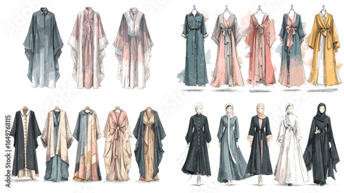 Elegant illustrated collection of abayas and kaftans in modern and traditional styles, featuring flowing fabrics, long dresses, and modest Muslim women’s fashion.
