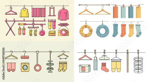Colorful flat illustration set of laundry and clothing items including hangers, socks, towels, and detergent bottles, ideal for household, cleaning, and home design.