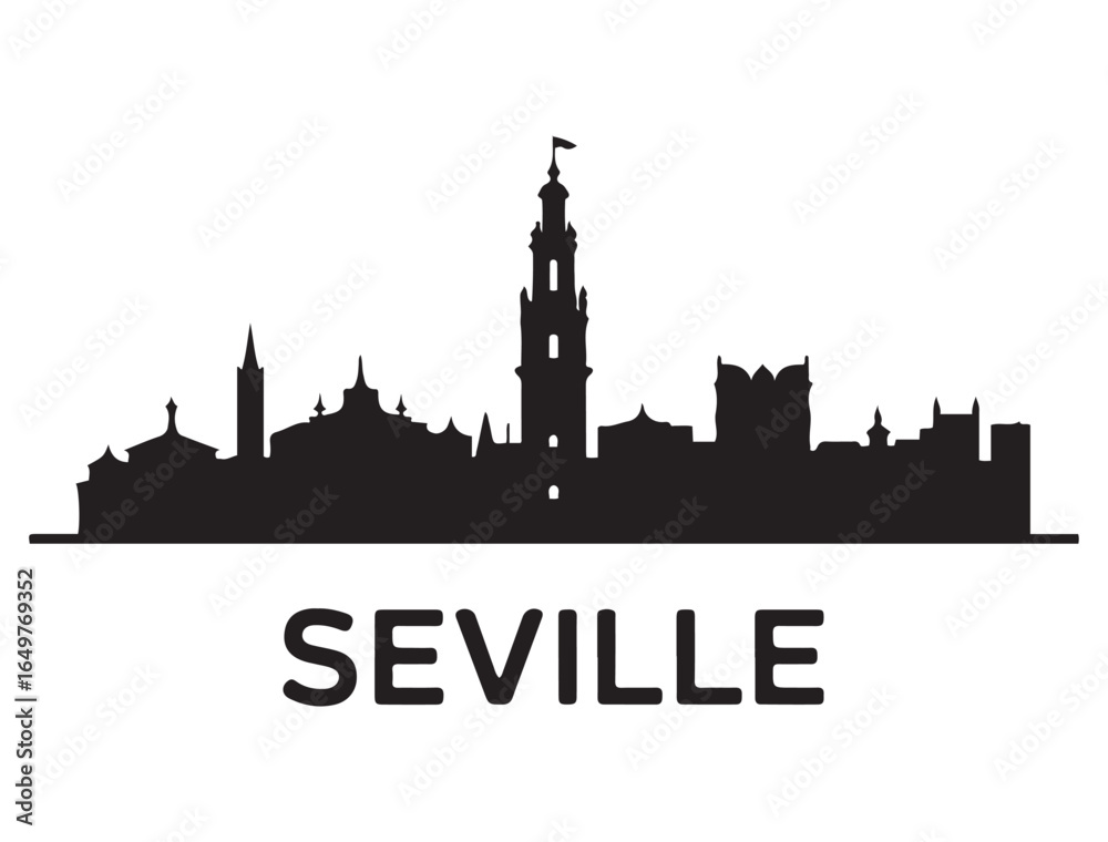 Fototapeta premium Seville city skyline. Black cityscape. Vector banner. Vector black silhouette. with white background