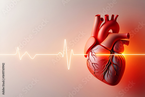 Realistic human heart with glowing electrocardiogram line organ medical