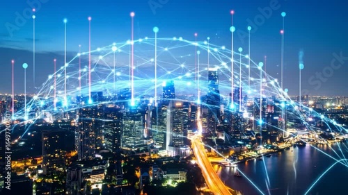 Wallpaper Mural A cityscape glows at night, interconnected by digital lines and dots, symbolizing data flow. Buildings are illuminated Torontodigital.ca