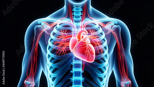 Human torso anatomy with glowing red heart and blue rib cage image