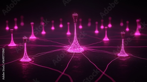 Futuristic Network: Interconnected Nodes in a Pink Glow