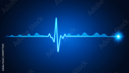 Neon blue electrocardiogram waveform with bright starburst heartbeat pulse