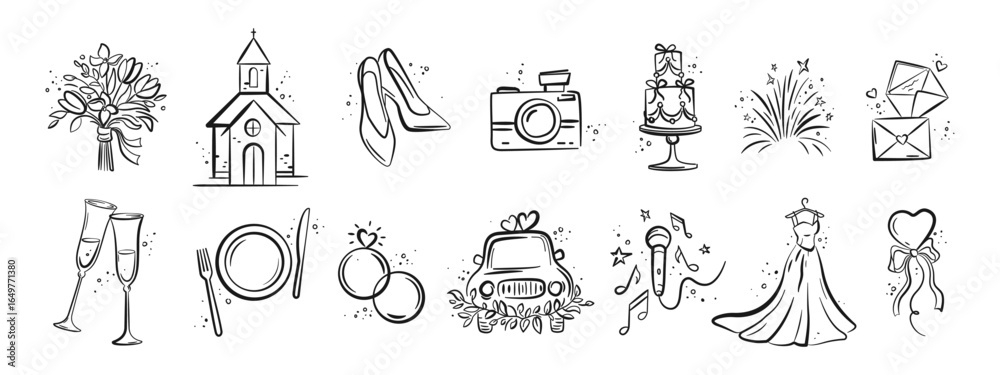 Obraz premium Wedding elements collection for timeline, menu, invitations, greeting cards, posters on wedding theme. Bride, Wedding, Love, celebration. Vector wedding illustrations
