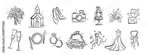 Wedding elements collection for timeline, menu, invitations, greeting cards, posters on wedding theme. Bride, Wedding, Love, celebration. Vector wedding illustrations