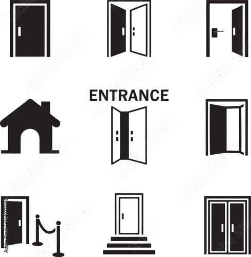 Door and entrance icons with house and red carpet barrier open closed