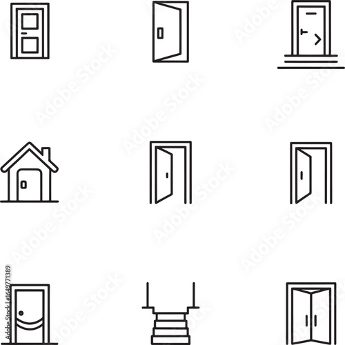 Outline icons of doors windows and stairs for architecture entrance exit
