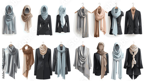Elegant fashion set of scarves styled with black blazers in various draping techniques, showcasing modern outfit ideas and stylish accessories for women.
