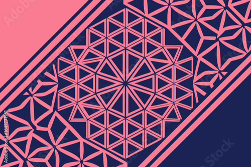 Geometric pattern with pink triangles and lines on a navy blue background