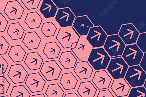 Geometric pattern of hexagonal shapes with arrows pointing forward on a pink and navy blue background
