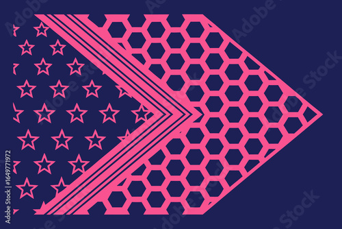 Modern abstract geometric design featuring pink stars and hexagons on a dark blue background