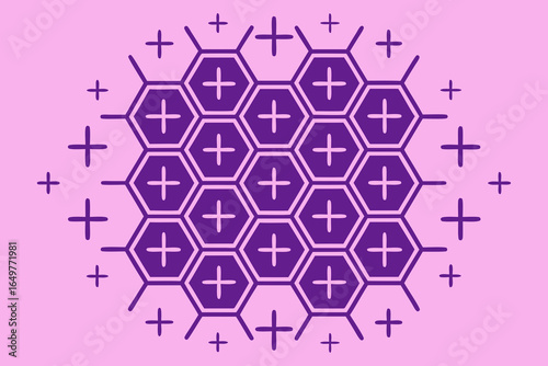 Geometric pattern of purple hexagons with plus signs inside and scattered plus symbols on a pink background