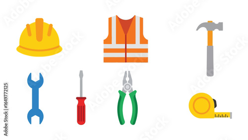 Construction Tools and Safety Gear: A graphic depiction of essential construction tools and safety gear, including a hard hat, safety vest, hammer, wrench, screwdriver, pliers, and tape measure.