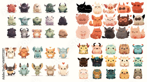 Vector illustration set of cute fantasy animals in pastel colors. Adorable cartoon creatures collection for kids, games, and creative design projects.