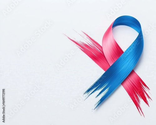 A vibrant pink and blue awareness ribbon, with brushstroke texture, against a light gray background