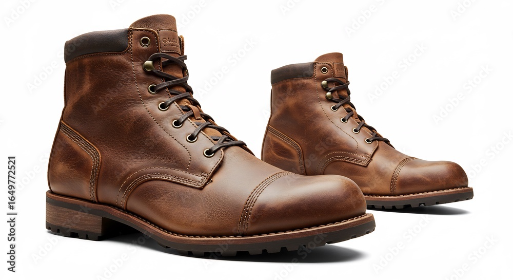 Rustic brown leather boots shine subtly under warm studio lighting.. AI Generated Rustic brown leather boots shine subtly under warm studio lighting.. AI Generated